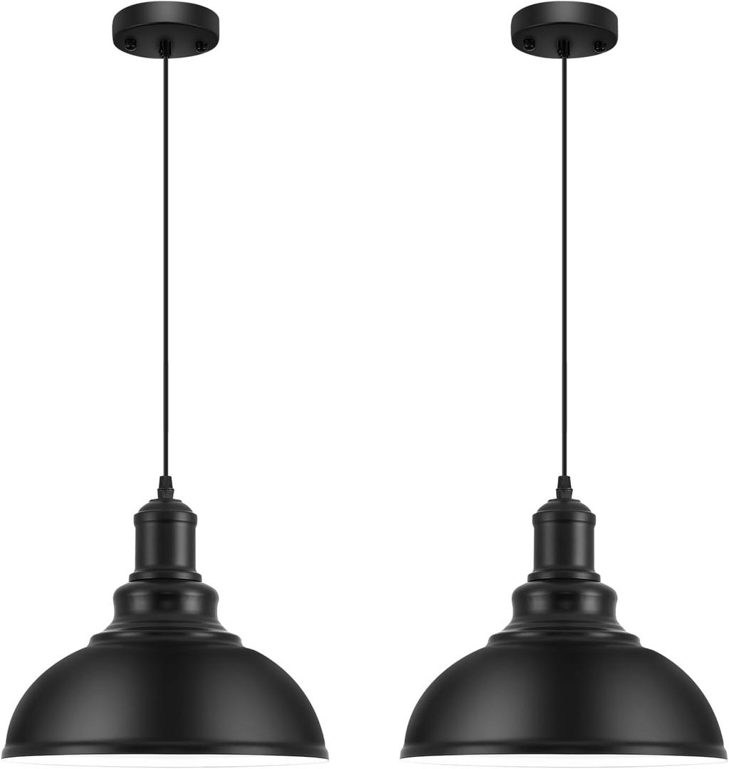 2PCS Matte Black Pendant Lights, Farmhouse Pendant Lamp with Metal Shade (White Inside), Industrial Pendant Lighting for Kitchen Island, Dining Room, Bedroom, Hallway