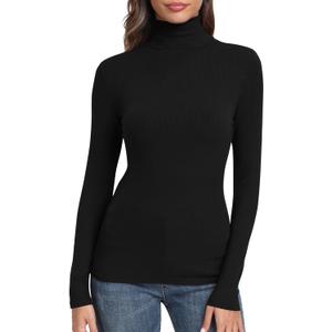 GEMBERA Womens Long Sleeve Turtle Neck Basic Slim Fitted Ribbed Knit Tops Thermal Shirts (X-Large, Black)