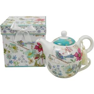 Lightahead Bone China Tea for One Set in Blue Bird Design, in attractive Reusable Handmade Gift Box (With Ribbon), Blue