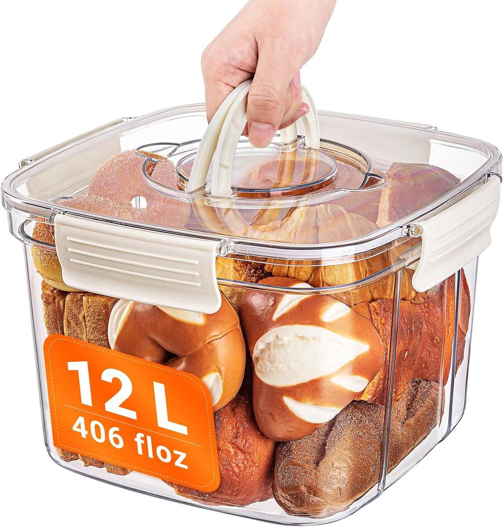 Bread Box for Kitchen Countertop, 12L/406floz Airtight Food Storage Containers with Lids, Flour Container for Homemade Sourdough Bread, Portable with Handle, Clear Plastic