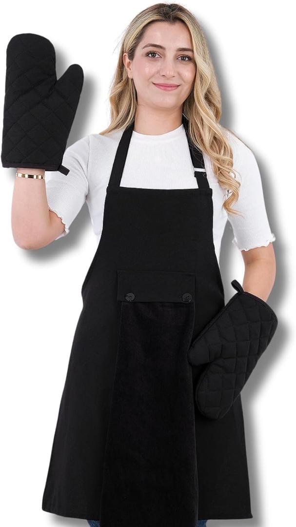 Premium Kitchen Chef Apron Star Set: Kitchen Apron & Oven Mitt/Pot Holder & Towel (Black)