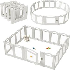 Foldable Clear Acrylic Dog Playpen with Door, 23.6" Acrylic Puppy Playpen, Easy Assemble Indoor Pet Fence with White Frame, Clear Dog Playpen for Puppies & Animal (White, 23.6‘H, 16 Panels + 1 Door)