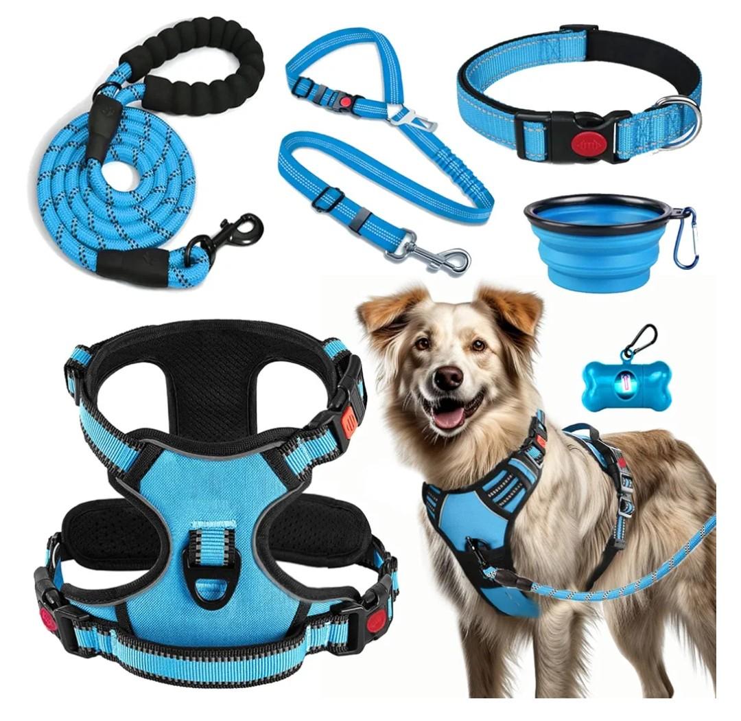 No Pull Dog Harness, Collar & Leash Set | Includes Dog Seat Belt, Collapsible Bowls & Poop Bag Dispenser. Ideal for Training, Walking, Hiking. Fits Small to Large Dogs(Blue-L)