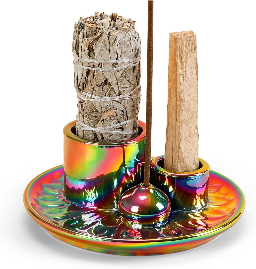 Palo Santo Sticks Holder, Multi-Purpose Handmade Ceramic Incense Burner for Palo Santo Incense Sticks, Sage Holder for Burning, Ash Catcher Tray for Meditation Yoga Room-Colorful