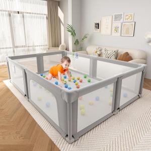 Baby Playpen, 73" x 61" Large Foldable Playpen with Mat for Babies and Toddlers, Play Pen with Soft Breathable Mesh, Ocean Balls and Pull Links, Baby Playard for Indoor & Outdoor, Gray
