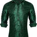 DiBanGu Mens Long Sleeve Button Down Shirt,Satin Shiny Dress Shirt for Men Solid Regular Fit Shirts with Pocket Wedding Party (Medium, Emerald Green Floral)
