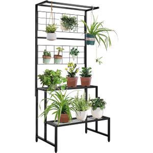 3 Tier Heavy Duty Metal Hanging Plant Shelves Indoor Outdoor with Bar, Tall Plant Stand Stand for Vines and Flowers, Multi-Layer Plant Stand for Living Room and Garden, Easy Place Large Planters