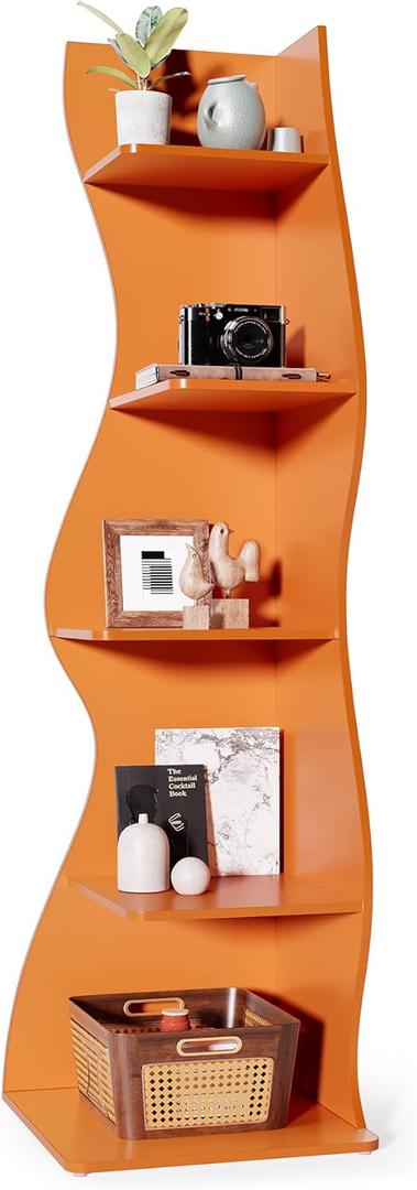 LITTLE TREE Small Corner Shelf, Modern 5-Tier Wall Corner Bookshelf, Stylish Bookcase Storage Rack for Small Space, Living Room, Bedroom (1 Pack, Orange)
