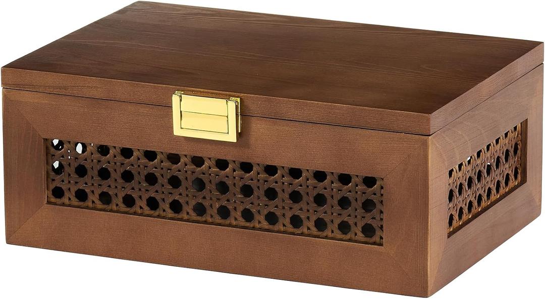 Decorative Rattan Storage Boxes Solid Wood Woven Baskets Bins with Lid Keepsake Memory Jewelry Box Natural Boho Shelf Wicker Closet Desk Organizer Container (Walnut Color, Small Size)