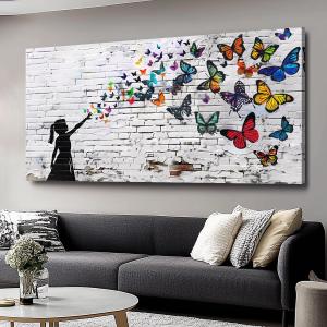 Canvas Wall Art Butterfly Girl - Modern Graffiti Paintings for Living Room, Bedroom Wall Decor, Framed Wall Art for Home or Office Decoration 60x120cm(24x48in) (48L" x 24W")