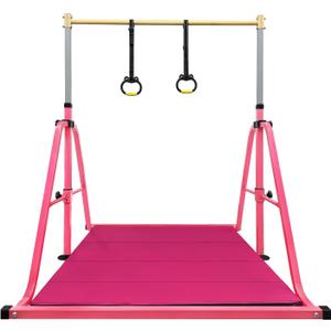 Foldable Gymnastics Kip Bar with Mat and Ring Set,3' to 5' Height Adjustable,Kids Gymnastic Equipment for Ages 3-15,Indoor and Home Training- Max Load 350LBS