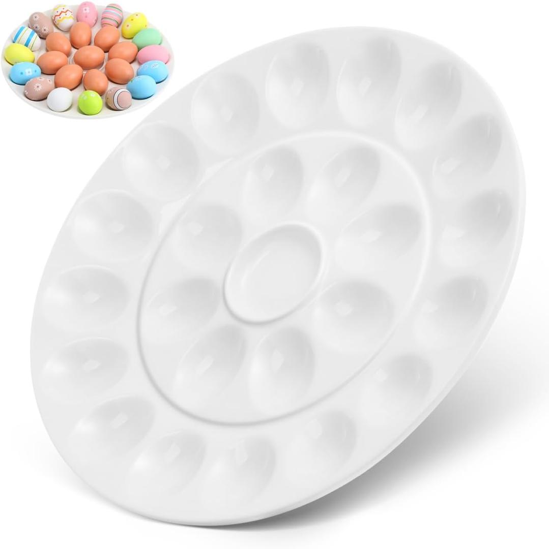 Cabilock Ceramic Deviled Egg Platter, 24-Hole Round Deviled Egg Tray, Kitchen Countertops Fridge Holder, Microwave & Dishwasher Safe for Easter Party Display Entertaining, 13 Inch