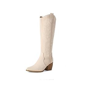 DREAM PAIRS Womens Cowboy Boots Wide Calf Comfortable Pull On Zipper Chunky Heel Pointed Toe Embroidered Western Cowgirl Knee High Boots Ladies Retro Tall Boot,Size 7