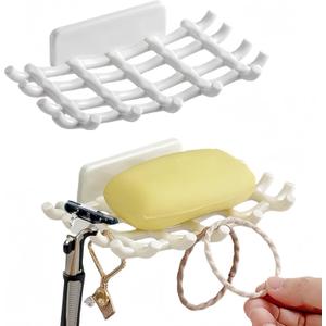 Soap Holder Soap Dish with Hooks Razor Holder Adhesive Bar Soap Holder No Drilling Soap Saver Tray for Shower Wall Bathroom Organizer Shower Rack Bathtub Sink (White+White)