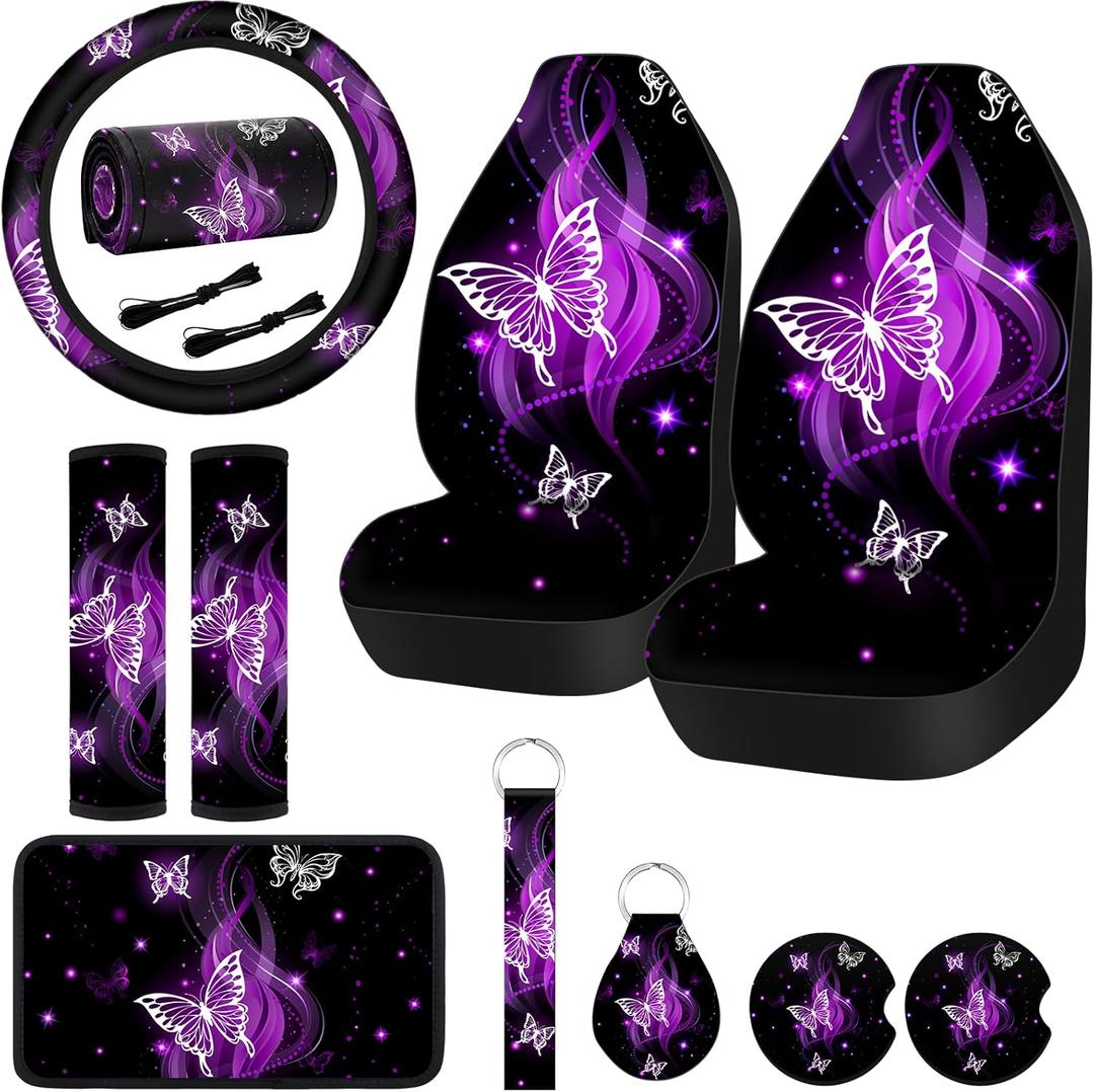 Frienda 10 Pcs Car Seat Covers for Women Accessories Interior Seat Covers with Steering Wheel Cover, Wrist Strap, Car Cup Mats, Armrest Pad, Shoulder Pad, Key Chain(Butterfly)