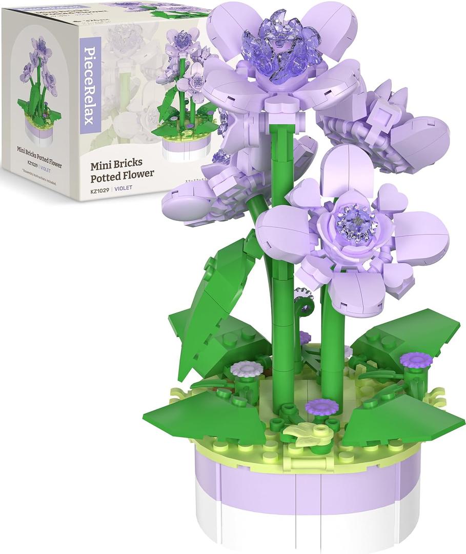 PieceRelax Flower Bouquet Building Decoration Set - Artificial Flowers Mini Bricks Potted Violet - Home Accessories or Best Gift Valentine Dcor for Him and Her Botanical for Adults [KZ1029]