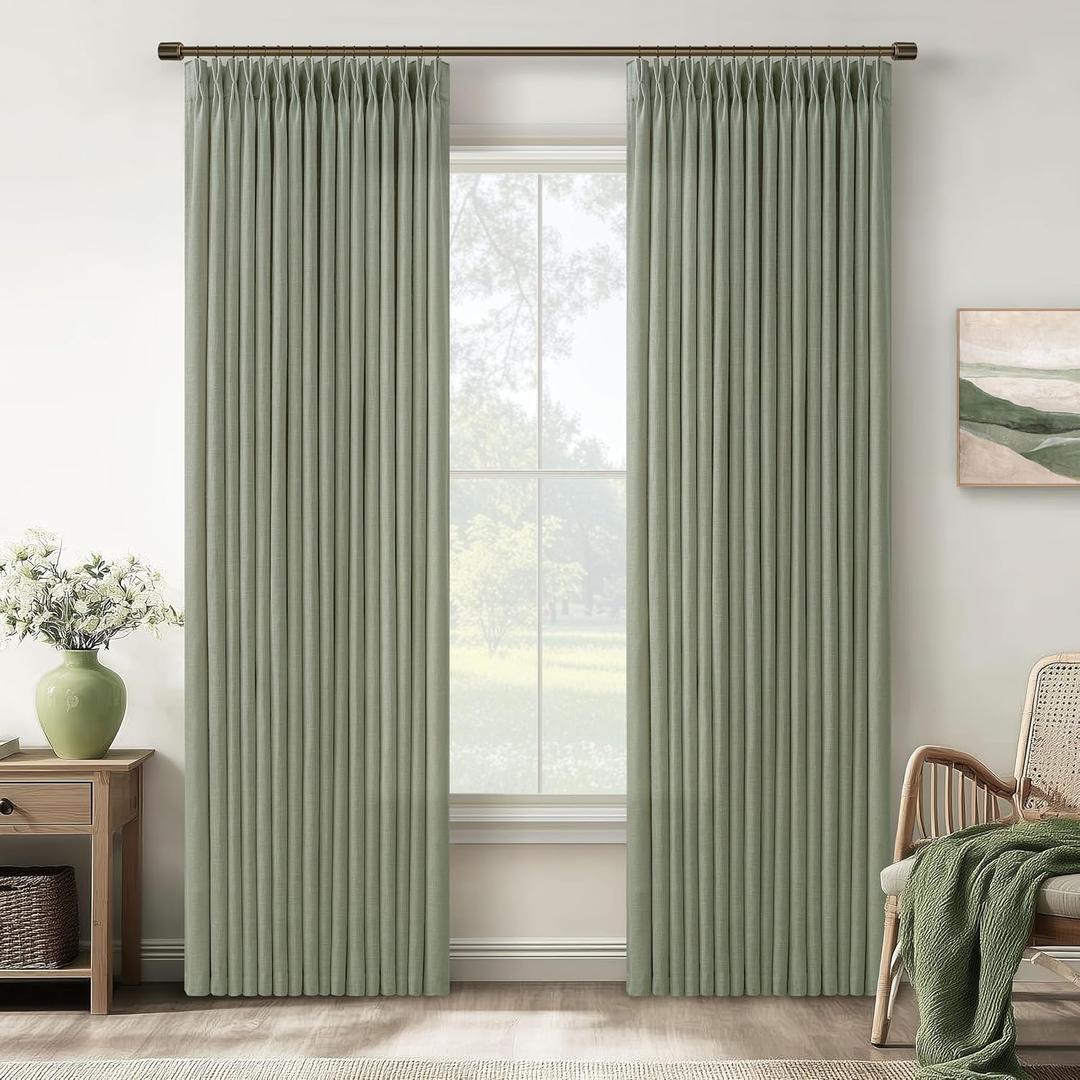 Sage Green Textured Linen Blend Curtains 102 Inches Long for Dining Room Living Pinch Pleated Ceiling Track Semi Sheer Curtains with Hooks Rings Light Filtering Drapes 50 W x 102 L 2 Panels Set