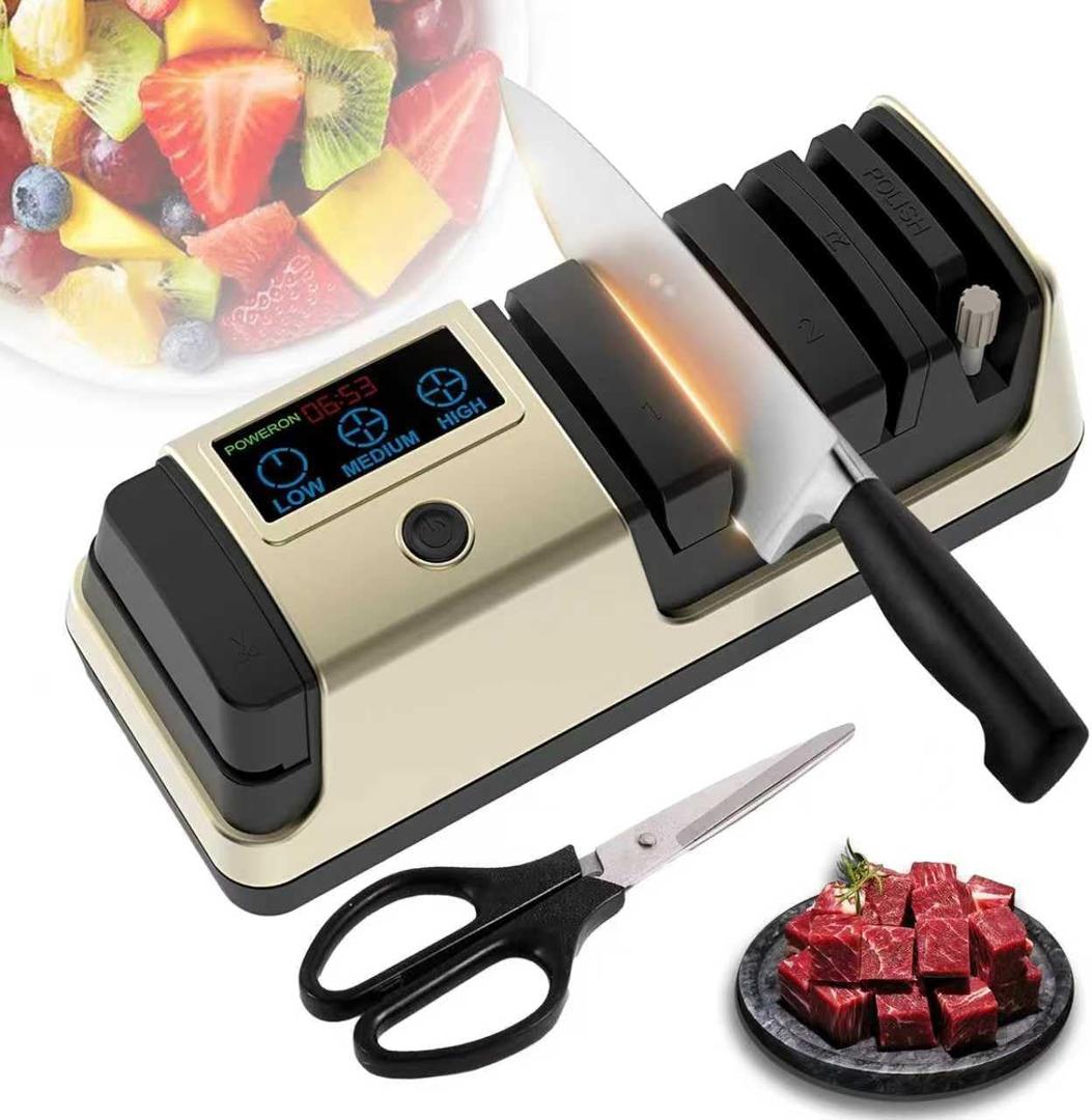 5-in-1 Electric Knife Sharpener for Kitchen Knives, Scissor Sharpener with 3-Speed & 100% Diamond Abrasives -Quickly Sharpening for Straight,Serrated,Cleaver Knives Mothers Day Kitchen Gifts for Mom