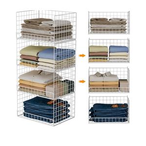 4-Tier Stackable Closet Organizers and Storage Basket, Foldable Closet Shelf Organizer System, Space-Saving Clothes Storage Drawer Organizer for Wardrobe, White (Patent Pending)