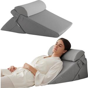 Bedluxe 3Pcs Orthopedic Bed Wedge Pillow Set, Foam Wedge Pillow Post Surgery for Back, Leg and Knee Support, Adjustable 9&12 Inch Folding Triangle Pillow for Sleeping, Acid Reflux, Snoring, Grey