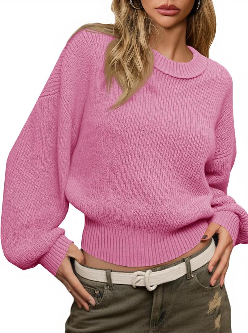 Saodimallsu Womens Batwing Long Sleeve Sweaters Casual Crewneck Loose Chunky Knit Fall Pullover Tops (Pink, L)