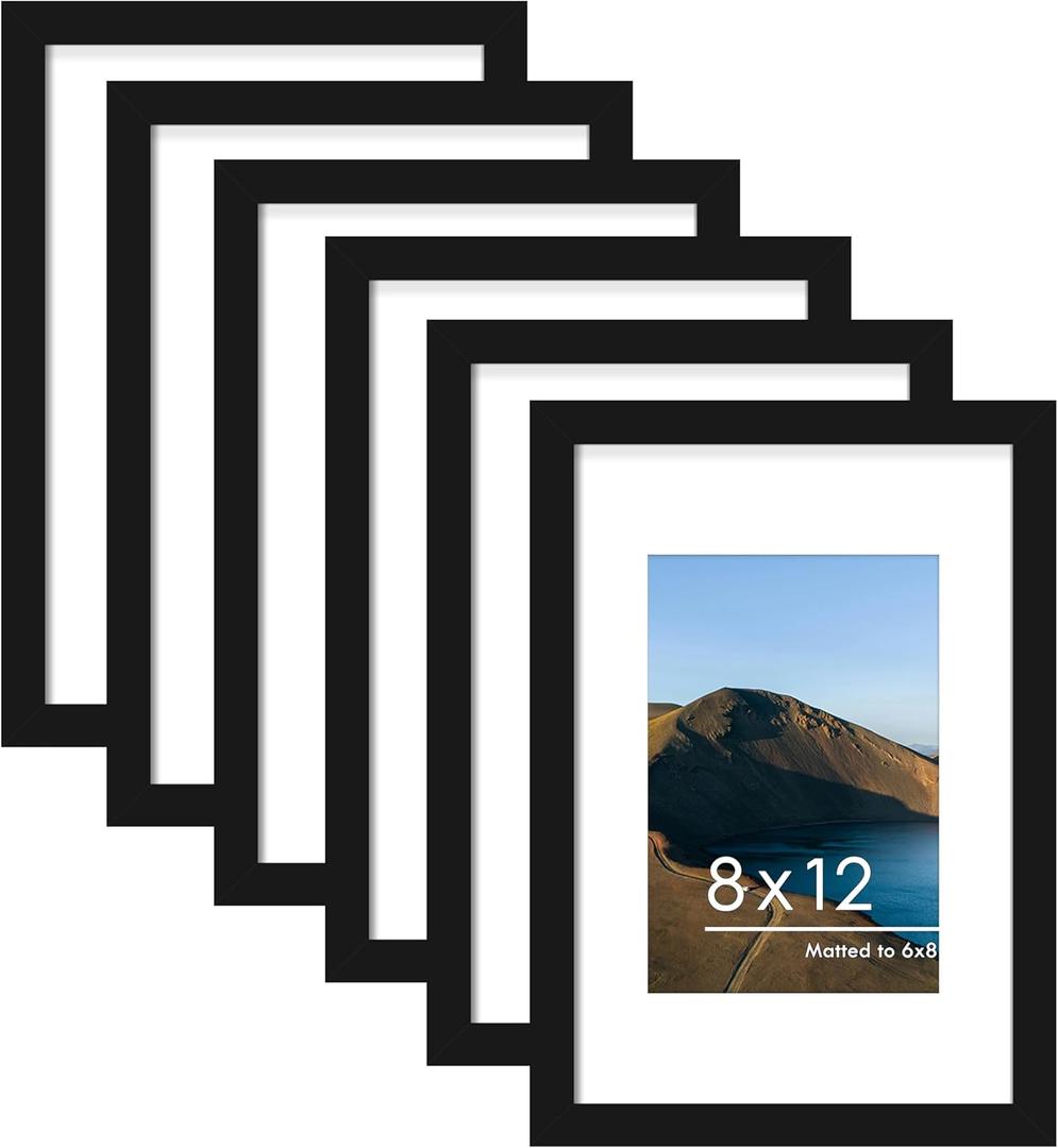 PEALSN 8x12 Picture Frame Set of 6, Display Pictures 6 x 8 with Mat or 8 x 12 without Mat for Wall Mounting or Table Top Display, Photo Frames Collage for Wall Decor, Black