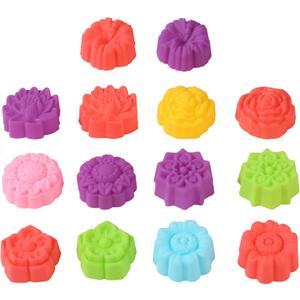 14Pcs Mini Size Silicone Molds, 2 x 0.8 inch Cupcake Multi Flower Shapes Baking Cups Non-Stick Donut Wrapper Mold Muffin Liners