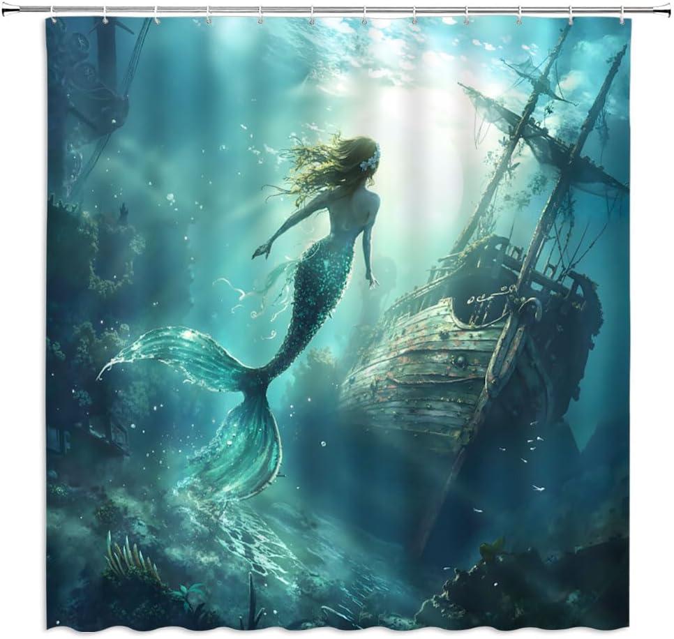 Mermaid Shower Curtain Vintage Underwater Ocean Shipwreck Coastal Abstract Tropical Coral Fantasy Marine Life Bathroom Decor Polyester Curtains with Hooks,70Wx70L