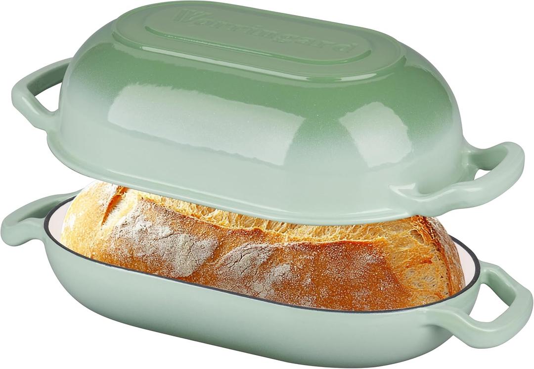 Enameled Cast Iron Sourdough Bread Oven, Dutch Oven, Loaf Cast Iron Bread Pan for Homemade Bread Baking, Meatloaf Pan with Lid, 5QT, Green