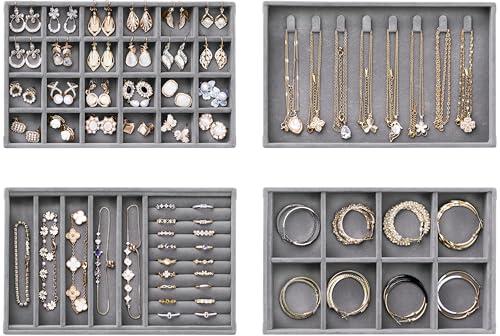 Velvet Jewelry Drawer Organizer Trays – Grey Stackable Jewelry Storage Inserts Set, 4-Layer Jewelry Tray Set for Earrings, Rings, Necklaces, Bracelets with Removable Dividers for Dresser & Vanity