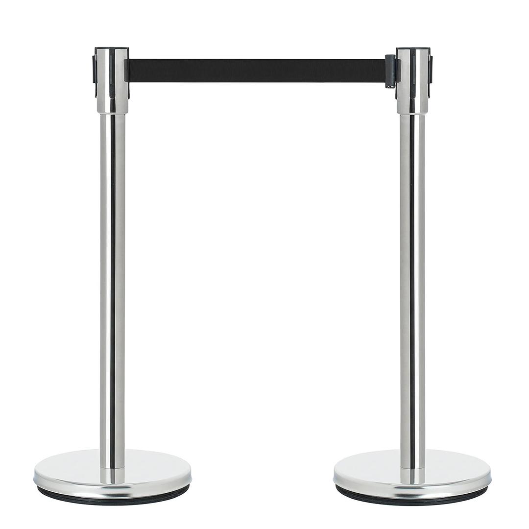 DuraSteel Crowd Control Barriers Line Dividers - Silver Stanchion Stainless Steel Posts with 6.5ft Black Retractable Belt Ropes - for Store Queues, Airport Lines, Event Entries - 2 Set/Pack