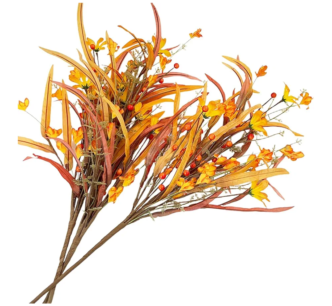 3Pcs Fall Stems Yellow Fake Flowers with Berry Picks Fall Leaf Spray Plants Floral Arrangements for Autumn Home Office Wedding Thanksgiving Halloween Decor