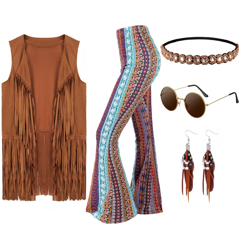 5pcs 60s 70s Costume Set for Women - Hippie & Disco Outfits with Fringe Vest, Boho Flared Bell-Bottom Pants, Complete Retro Dance Party Wear for Carnivals, Themed Events & Costume Parties (Vintage Bohemian Ensemble), Size XL