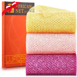 3 Piece Bright Style African exfoliating net Exfoliating Shower Set Long Bath Sponges for Smooth, Refreshed Skin, The Exterior Gleams - Ideal for Daily Use (Bright Yellow, Pink, Purple)