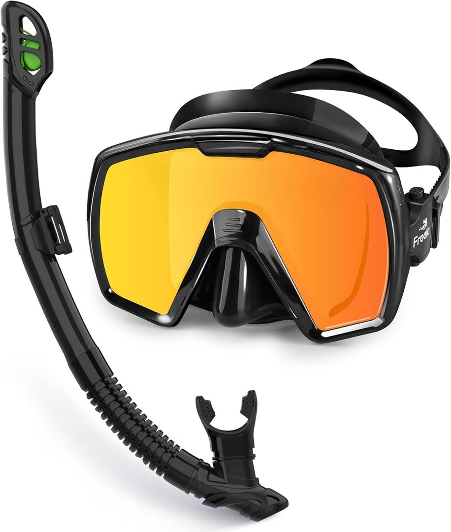 Freela Adult Dry Snorkel Set with Mirrored Lens Anti-Fog 180 Wide View Anti-Fog, Scuba Diving Mask with Nose Cover, Snorkeling Gear for Men Women