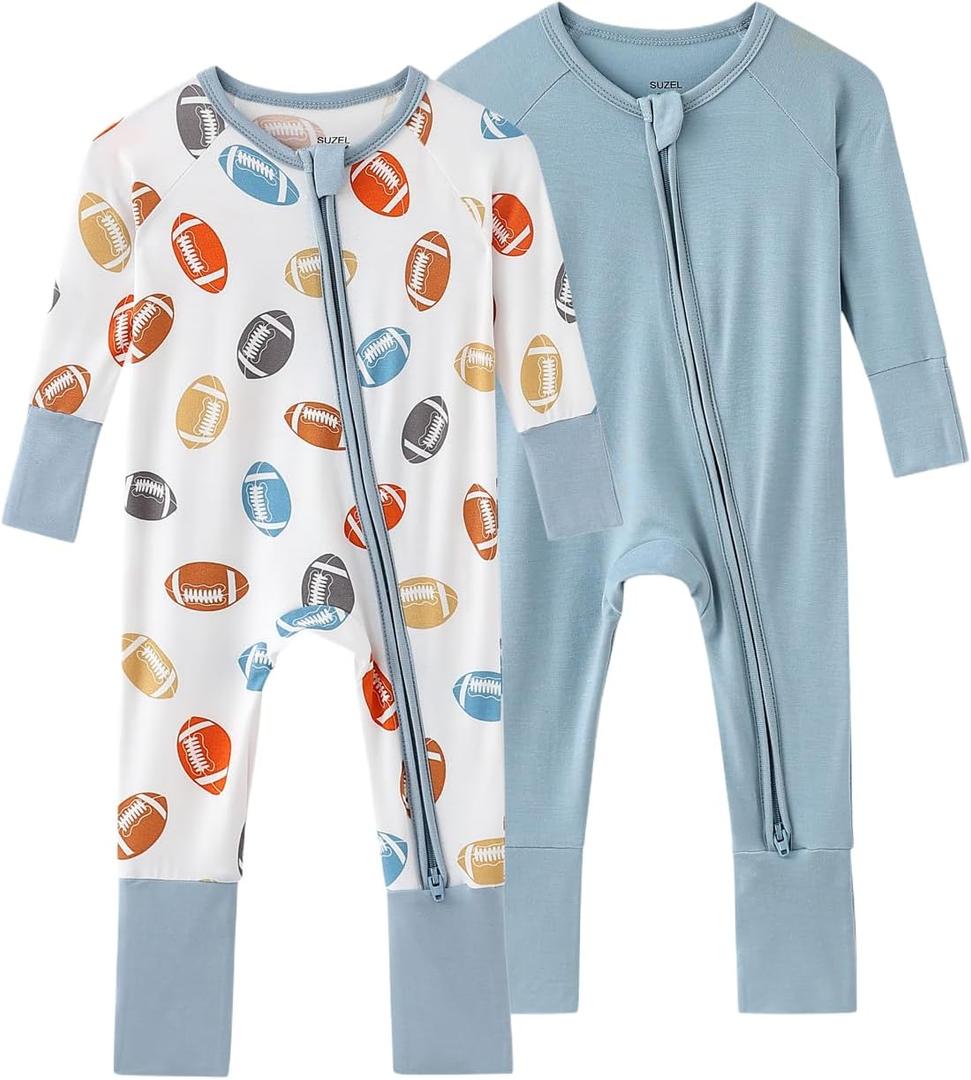 SUZEL Bamboo Viscose Baby Pajamas Boys Girls Zippy Pjs Sleep 'N Play Romper (Football+Dusty Blue, 18-24M)