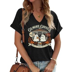 TIXOM Women's Fall Halloween Thanksgiving V Neck Shirt Holiday Funny Family Matching Graphic Tee Casual Autumn Tops M