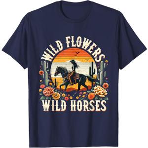 Sunset Cowgirl Riding Horse Wild Flowers - Wild Horses T-Shirt (Small, Black)