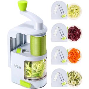 Spiralizer Vegetable Slicer (4-in-1 Rotating Blades) Heavy Duty Veggie Spiralizer with Strong Suction Cup, Zucchini Spiral Noodle/Zoodle/Spaghetti/Pasta Maker (Recipe Book and Cleaning Brush)