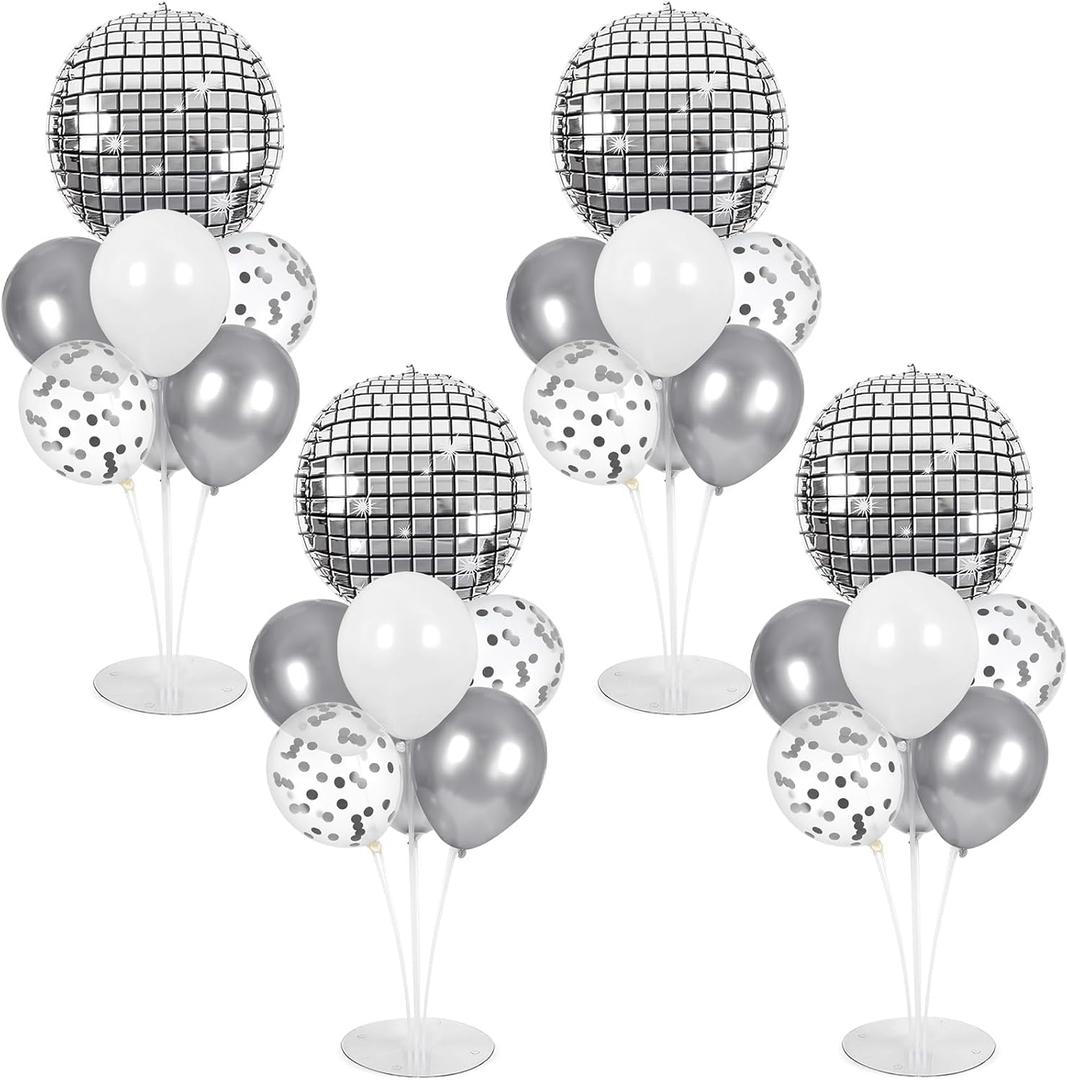 4 Sets Prom Silver Disco Ball Party Balloons Stand Kit with 4 Metallic Ball Foil Balloons Disco Themed Balloon 70s 80s 90s Dance Party Balloon Centerpiece for Tables Birthday Baby Shower Decorations