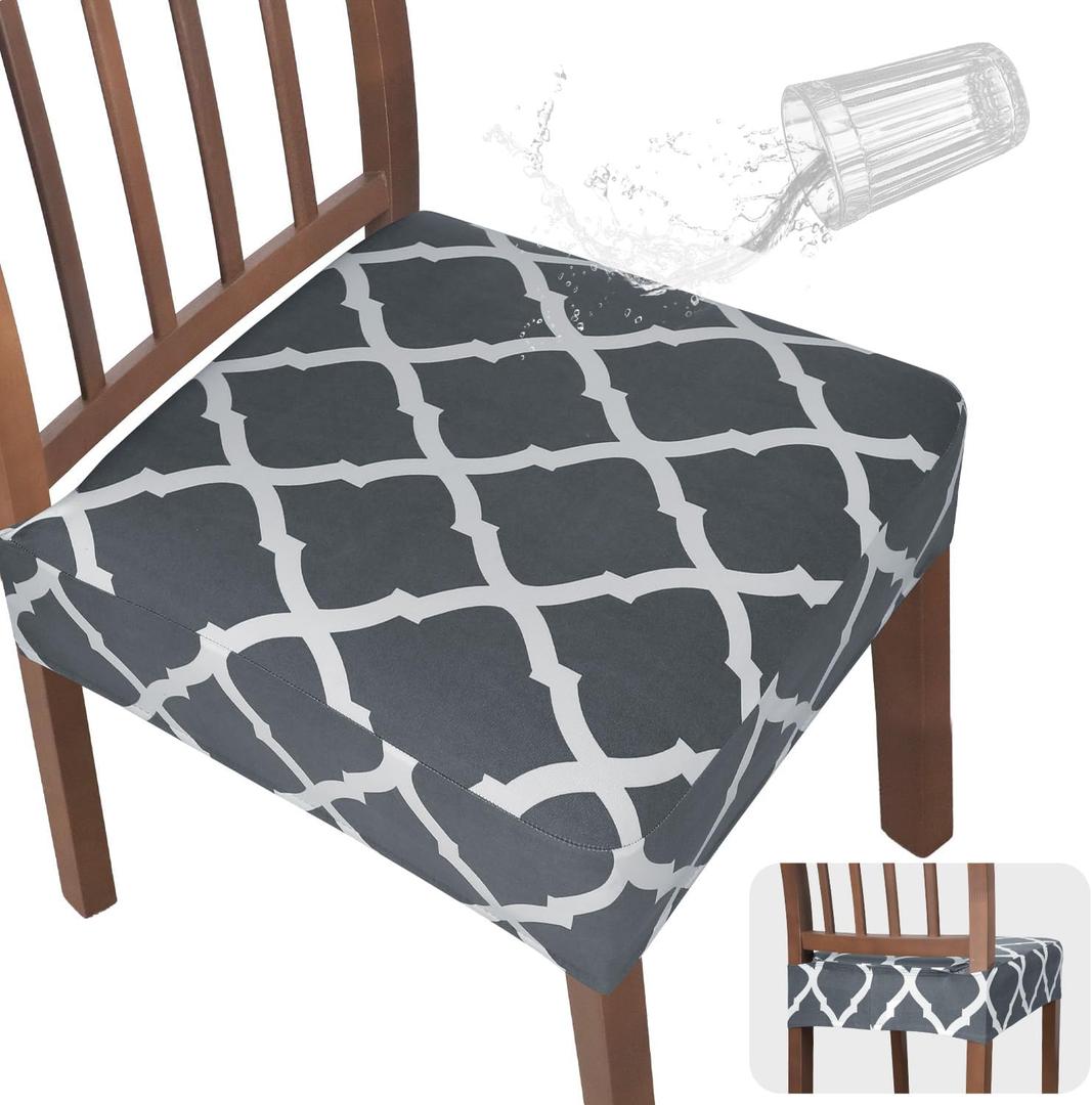 JQinHome Waterproof Dining Chair Seat Covers Set of 2 | Soft Removable Washable Chair Covers for Dining Room,Rear Gap Hook-and-Loop| Elastic Non-Slip, Full Rear Coverage | Grey+White
