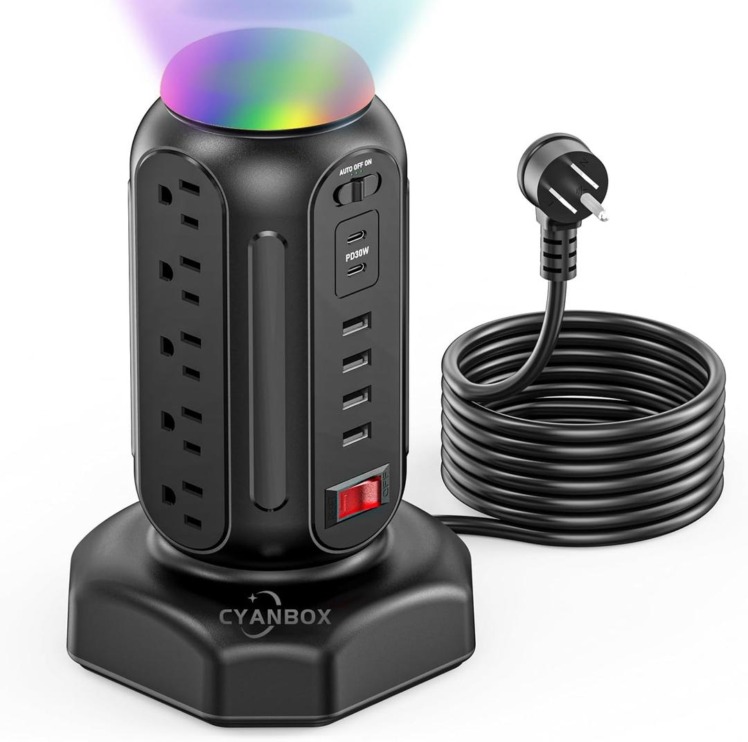 Multiple Outlets Surge Protector, PD 30W Fast Charging Power Strip Tower with RGB Night Light, 15 AC Outlets Power Tower, 2 Type C and 4 USB Ports, 6.5FT Retractable Extension Cord Charging Station