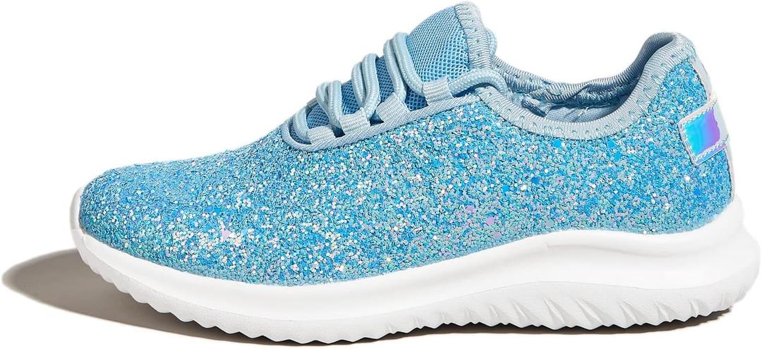 K KIP WOK Girls Glitter Sneakers Sparkle Slip On Walking Shoes for Kids/Children Breathable Running Sneakers (7 Toddler, Ice Blue)