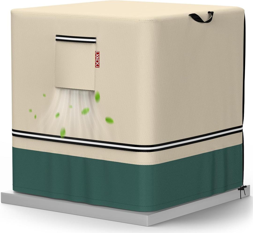 LXKCKJ Air Conditioner Cover for Outside Units - 420D Heavy-Duty Waterproof Winter AC Cover, All-Weather Protection for HVAC Condenser Units, Fits 28''LX28''WX32''H Outdoor AC Unit(Beige&Green)