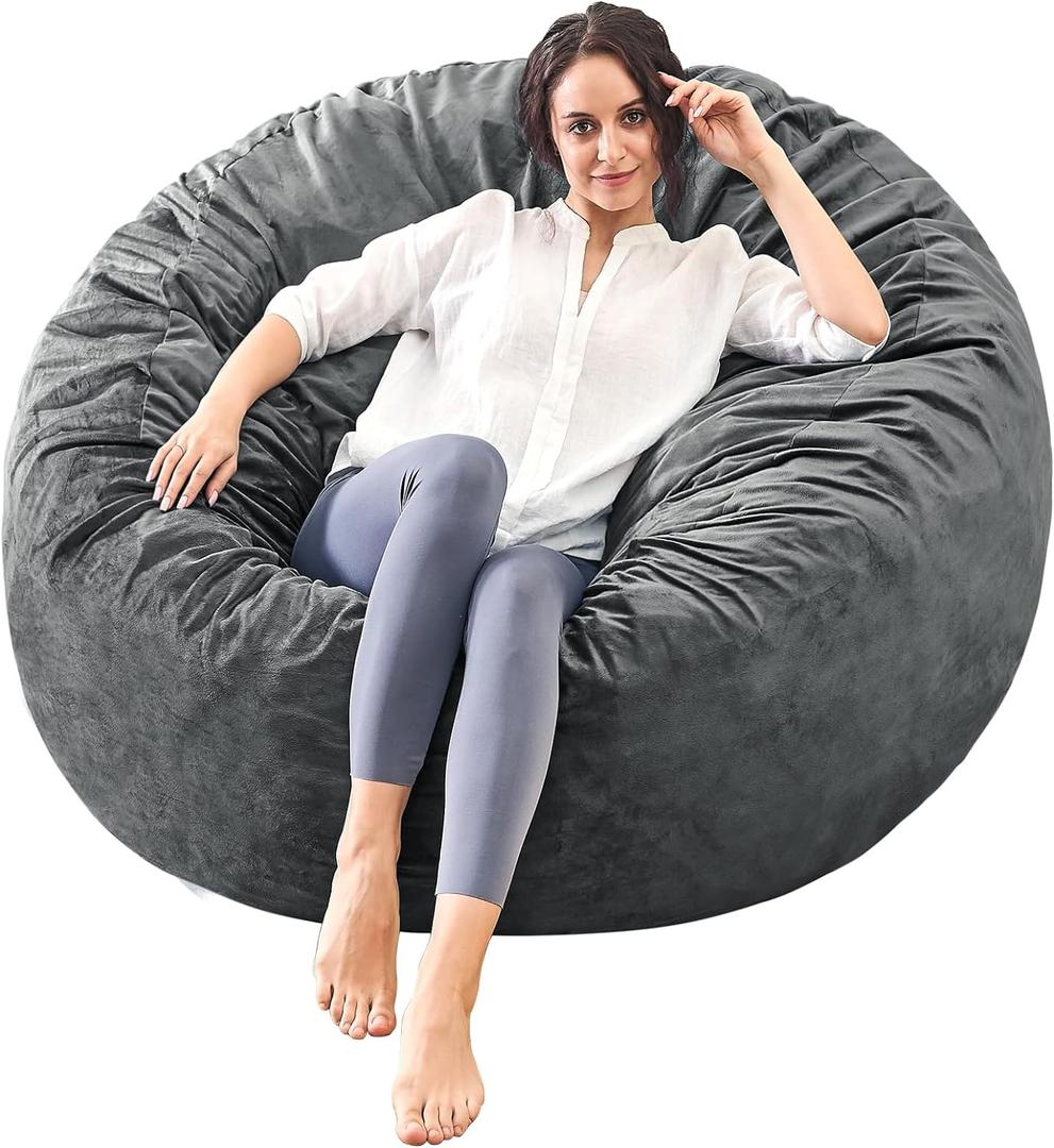 Bean Bag Chairs for Adults - Memory Foam Furniture BeanBag Chair - Kids/Teens Sofa with Soft Micro Fiber Cover - Round Fluffy Couch for Living Room Bedroom College Dorm - 4 ft, Grey (Large)