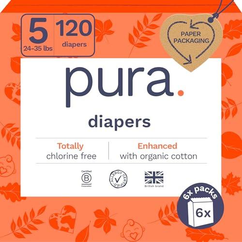 Pura Size 5 Eco-Friendly Diapers (24-35 lbs) Totally Chlorine Free (TCF), Hypoallergenic, Soft Organic Cotton, Sustainable, up to 12 Hours Leak Protection, Allergy UK, 6 Packs of 20 (120 Diapers)