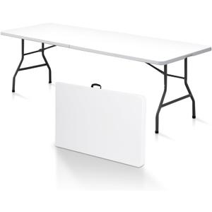 SUPER DEAL 8FT Folding Picnic Table for Indoor Outdoor, Portable Fold-in-Half Plastic Dining Camping Party Table with Carrying Handle (95"x30", White)