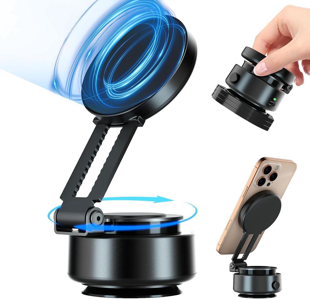 Magnetic Phone Holder for Car, MagSafe Phone Holder with Suction Cup, 360° Rotating Snap-On Strong Magnetic Hold, Vacuum-Lock Sturdy Car Phone Mount for iPhone 17 16 15 14 13 12