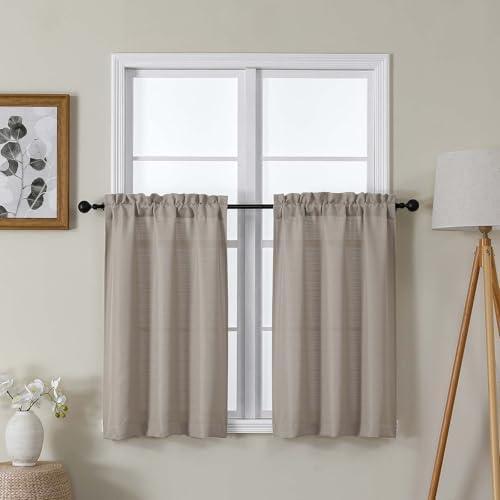 Lecloud Bessie Stone Kitchen Curtains 36 Inch Length 2 Panels Set, Faux Linen Textured Light-Filtering Short Curtains for Small Windows Basement Dining Room, Dual Rod Pocket, Each 30 W x 36 L