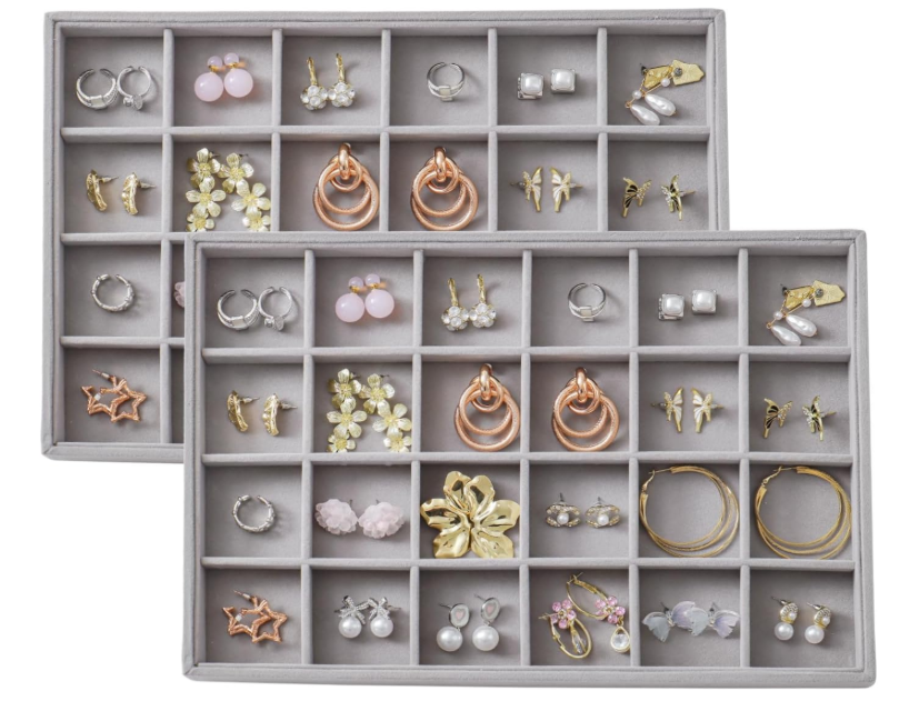 Large Velvet Jewelry Tray Display Drawer Inserts 2 Pack Stackable Jewelry Organizer for Earring Bracelet Necklace Ring (Gray, 24 Grids)